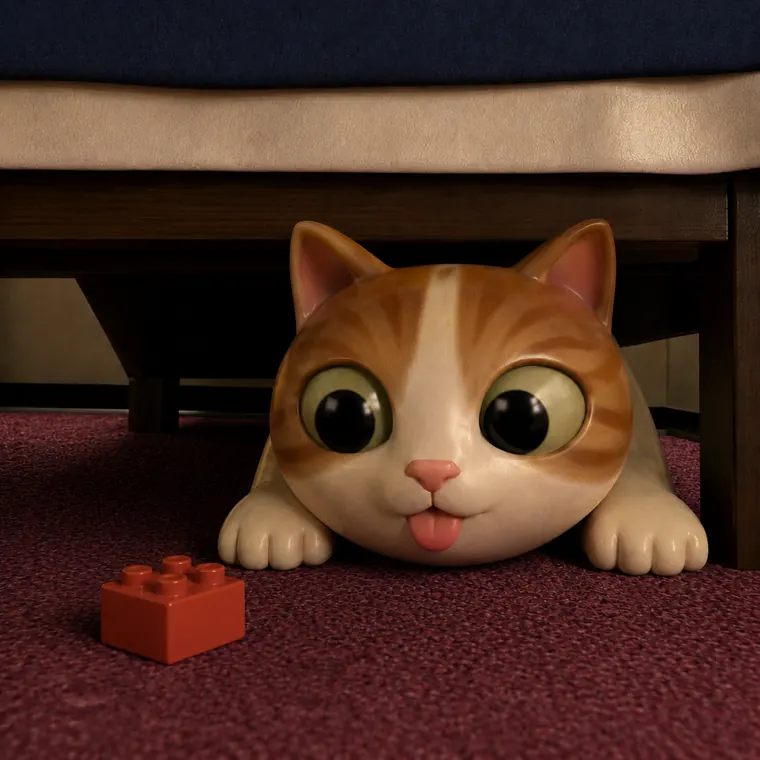 the kitten beside a small plastic brick