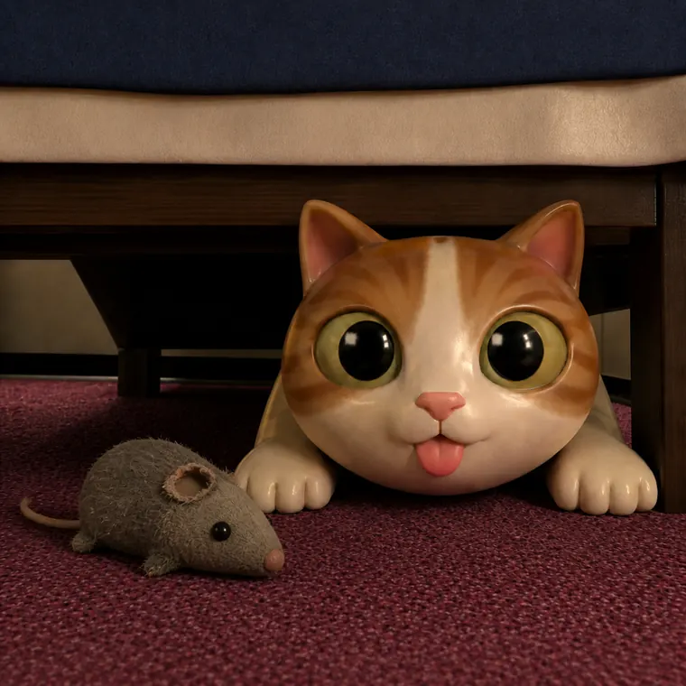the kitten beside a chewed toy mouse